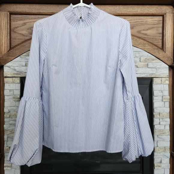 English Factory Bell Sleeves Blue White Stripe Pull-Over Top, Size S - Picture 3 of 12